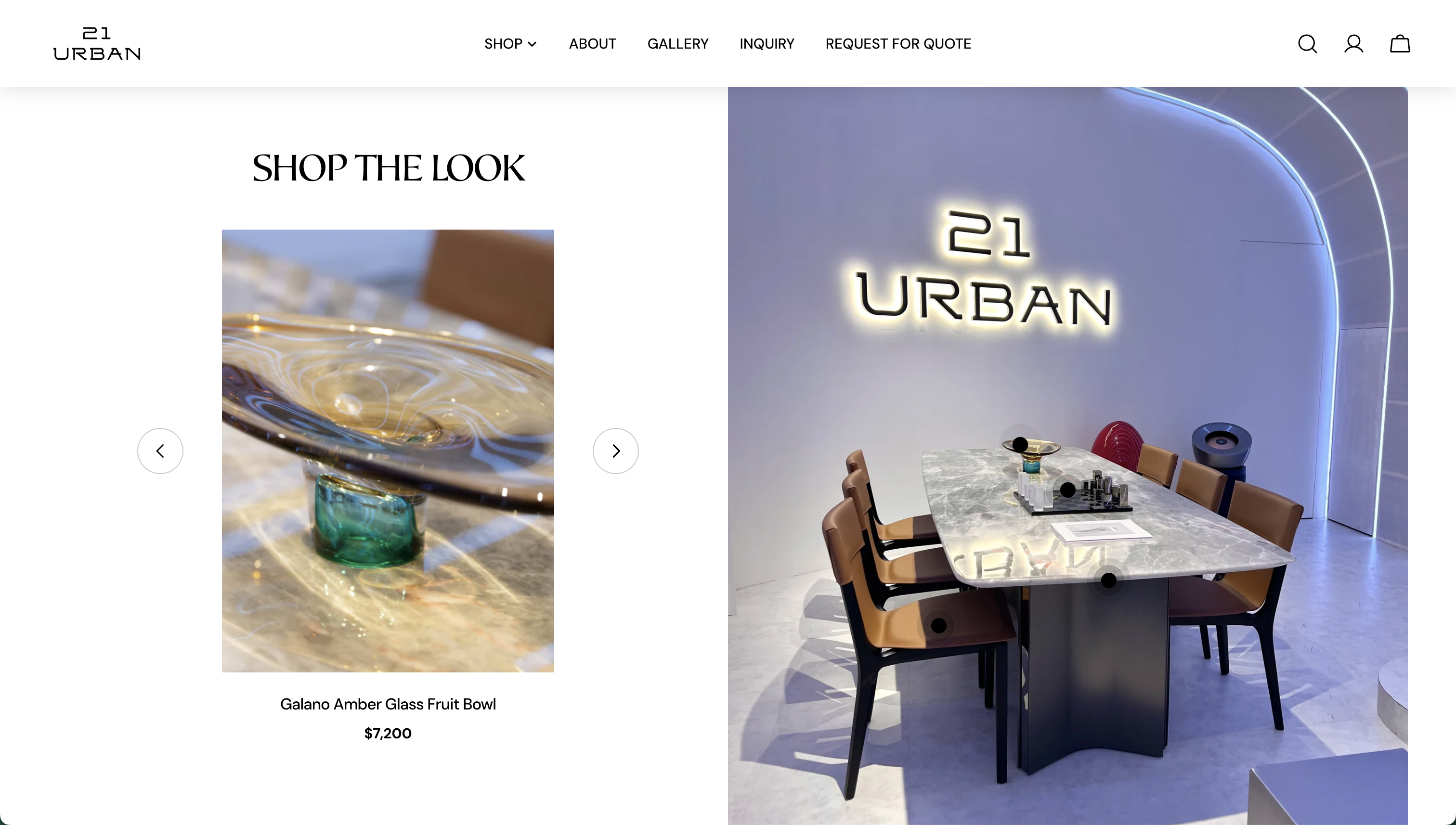 Shop the Look: showroom dining scene with product markers, resolving to the Galano Amber Glass Fruit Bowl at $7,200